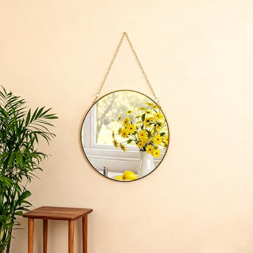8-inch Modern Round Wall Mirror with Metal Frame and Hanging Chain, Suitable for Entryway, Hallway, or Bathroom Small Gold Metal Frame Mirror (Gold, 8 inch) - size: 8 inch