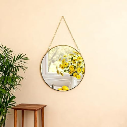 8-inch Modern Round Wall Mirror with Metal Frame and Hanging Chain, Suitable for Entryway, Hallway, or Bathroom Small Gold Metal Frame Mirror (Gold, 8 inch) - size: 8 inch