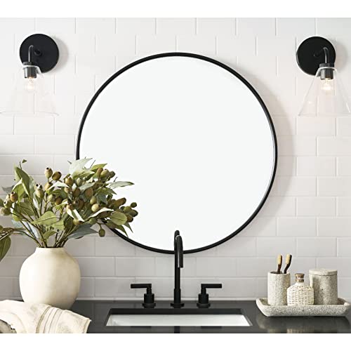 G-LEAF Black Round Mirror 32 inch Circle Mirror for Bathroom Vanity, Entryway, Living Room, Round Bathroom Mirror for Wall