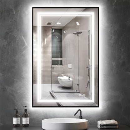 24"x36" Black LED Bathroom Mirror with Lights, Front and Back Light | Dual Light Strips,Thin Frame, Fogless, Dimmable, 3 Color Changing, Shatterproof, Touch Sensor, Horizontal/Vertical,Industrial