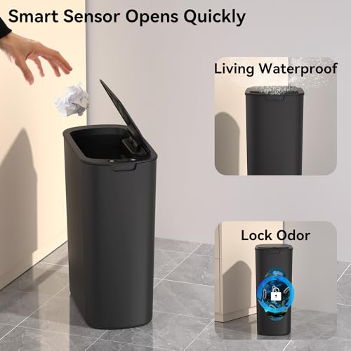 5 Gallon Motion Sensor Bathroom Trash Can Automatic Garbage Cans with Lid Touchless Smart Slim Plastic Trash Bin for Kitchen, Bedroom, Toilet, Office, Living Room - color: Black