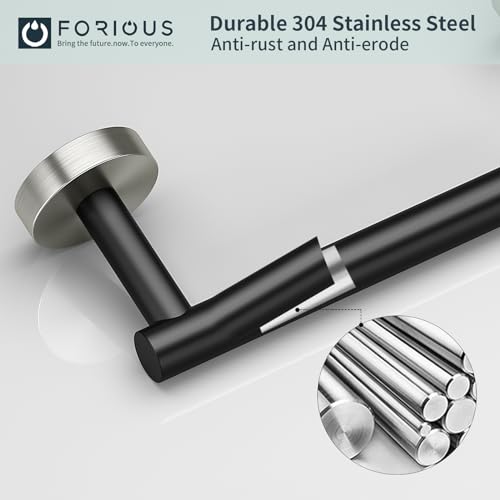 FORIOUS Commercial Toilet Paper Holder Wall Mount Bathroom Tissue Holder | Matte Black & Brushed Nickel | SUS304 Stainless Steel | Double Post Pivoting Toilet Paper Roll Holder | Screw-In | Round Base - color: Matte Black & Stainless Steel