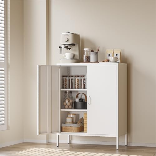 COFaR White Metal Storage Cabinet, 40” Kitchen Buffet & Coffee Bar Cabinet with Adjustable Shelves, 3-Tier Steel Organizer with Magnetic Doors, Sideboard for Dining Room, Home Office - color: White, size: 40"H