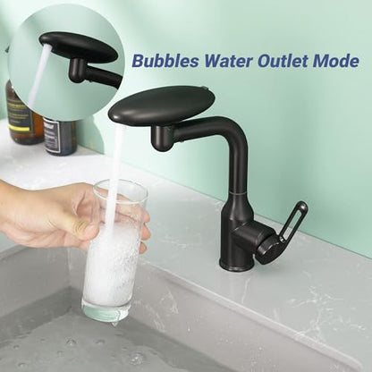 Bathroom Sink Faucet 1 Hole, Matte Black Multifunctional Basin Faucet with 4 Water Outlet Modes, Modern 360°Rotatable Bar Tap with Two Water Supply Pipes - color: Matte Black