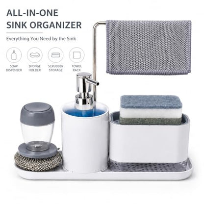 4-Piece Kitchen Sink Caddy with Soap Dispenser – Sponge Holder & Scrubber Brush, Removable Drain Tray, Dishcloth Bar, All-in-One Countertop Organizer for Kitchen & Bathroom – White