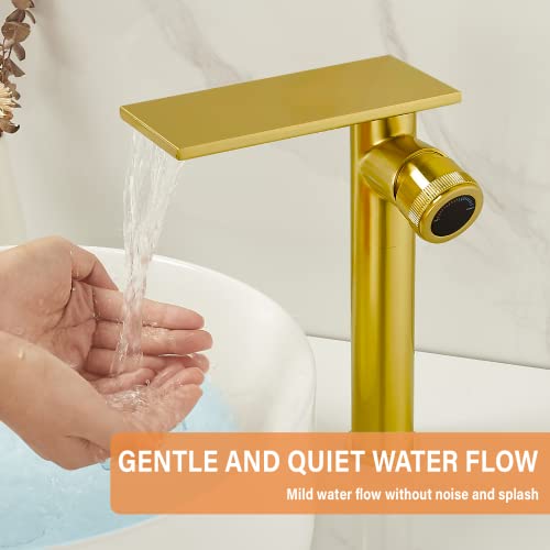 Becola Modern Brushed Gold Tall Waterfall Basin Mixer Tap with Adjustable Knobs and Two Supply Lines - color: Brushed gold, size: Tall