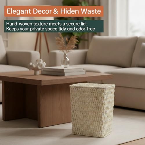 Coeusy 3 Gallon Paper Rope Bathroom Trash Can,Small Wicker Trash Cans with Lid and Liner,Woven Rattan Narrow Waste Basket for Bedroom,Office,White - color: White