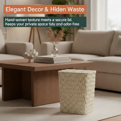 Coeusy 3 Gallon Paper Rope Bathroom Trash Can,Small Wicker Trash Cans with Lid and Liner,Woven Rattan Narrow Waste Basket for Bedroom,Office,White - color: White