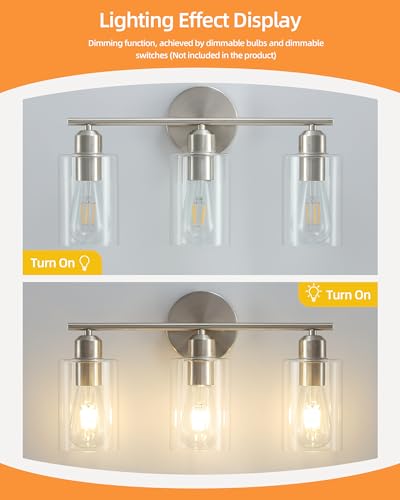 Brushed Nickel Vanity Lights - 3-Light Modern Bathroom Lighting Fixtures with Clear Glass Shade - Wall Sconce for Hallway - 2Pack - color: Brushed Nickel, size: 3 Light - 2 pack