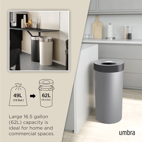 Umbra Vento Kitchen Trash Can, Open Top Bin, 16.5 Gallon, Grey/Nickel | Brushed metal accents, bag concealing design, easy wipe clean, fits home and office, durable plastic - color: Grey/Nickel