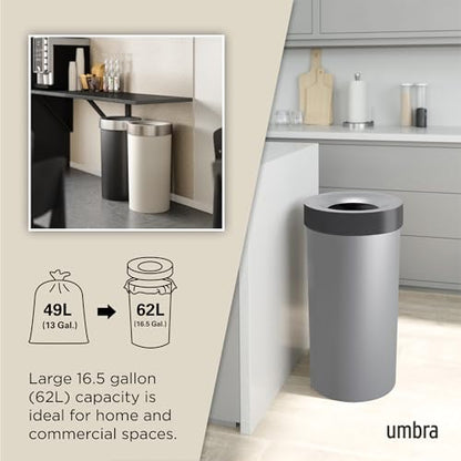 Umbra Vento Kitchen Trash Can, Open Top Bin, 16.5 Gallon, Grey/Nickel | Brushed metal accents, bag concealing design, easy wipe clean, fits home and office, durable plastic - color: Grey/Nickel