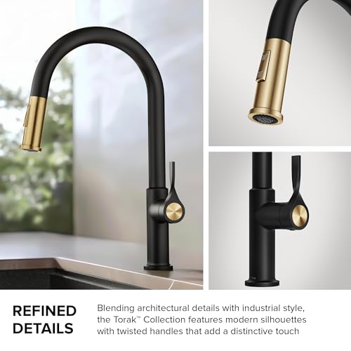 KRAUS Torak Pull Down Kitchen Faucet in Spot-Free Brushed Brass/Matte Black with 2 Function Sprayer, Pre-Attached Water Lines, and Mounting Hardware, KPF-2840SFBBMB - color: Spot Free Brushed Brass/Matte Black, style: Pull-Down Faucet