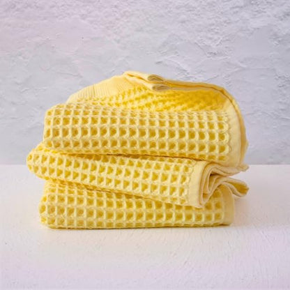 PÜSKÜL Natural 100% Turkish Cotton Waffle Kitchen Towels Set of 3 | Oeko-Tex, Premium Waffle Hand Towels for Bathroom | Soft Absorbent Quick-Dry Lint-Free Dish Towel Large 32x16 inch (3, Light Yellow) - color: Light Yellow