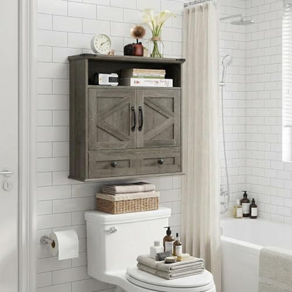 Bathroom Cabinet with Double Barn Doors – Wall Mounted Medicine Cabinet over Toilet with Adjustable Shelf & Drawer, 25" Wide Hangging Storage Cabinet for Bathroom, Kitchen, Laundry, Entryway Gray - color: Grey
