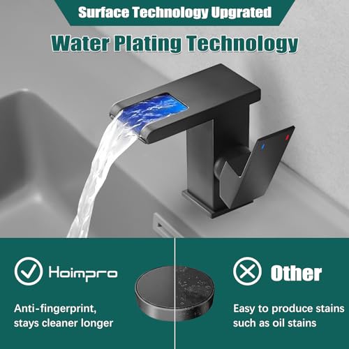 Hoimpro LED Bathroom Faucet 1 Hole, Single Handle Black Sink Faucets | Waterfall Widespread Faucet, 3 Colors Light Changing, with Pop-up Drain & cUPC Supply Lines, for Sink Vanity RV Restroom - color: Matte Black