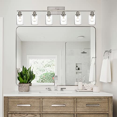 6 Light Bathroom Lighting Fixture in Brushed Nickel Finish,Classic Metal Wall Mounted Lamp Over Mirror with Clear Glass Shade Industrial Vanity Light - color: Brushed Nickel, size: 6 Light