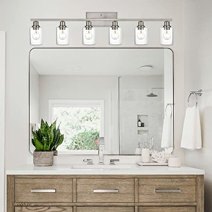 6 Light Bathroom Lighting Fixture in Brushed Nickel Finish,Classic Metal Wall Mounted Lamp Over Mirror with Clear Glass Shade Industrial Vanity Light - color: Brushed Nickel, size: 6 Light