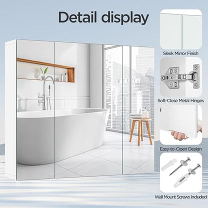 Yaheetech 28" White Bathroom Medicine Cabinet with 3 Frameless Mirror Doors | Bathroom Mirror with Storage, 28" x 24" x 6" MDF Wall Cabinet, Adjustable Shelf, Soft-Close Glass Doors, Frees Up Counters - style: 3 Doors