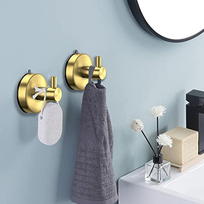 DGYB Suction Cup Hooks - Gold Towel Hooks for Bathrooms - SUS 304 Stainless Steel - 15 Lb Capacity - color: Brushed Gold