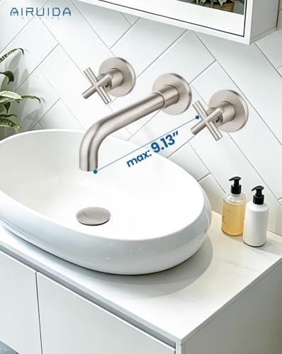 Airuida Solid Brass Brushed Nickel Wall Mount Bathroom Faucet | 360° Swivel Spout,Rough in Valve,2 Cross Handle,3 Hole,Widespread - color: Brushed Nickel