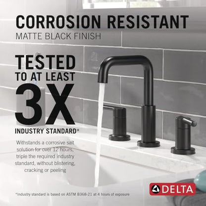 Delta Nicoli Matte Black Bathroom Faucet 3 Hole, 8 Inch Widespread Bathroom Sink Faucet for Vanity, Push-Pop Drain Assembly, Matte Black 35849LF-BL - color: Matte Black