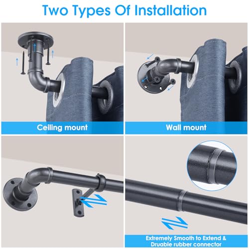 Industrial Curtain Rod Set with Brackets, 1 inch, 32-120, Grey, Rustic, Outdoor, Hanging - color: Grey, size: 30-120"
