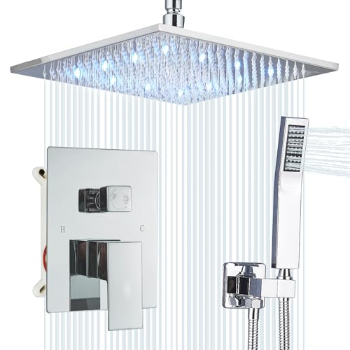 Ceiling Mount Shower Faucet Set 12 Inch LED Rainfall Shower Head Bathroom Rainfall Shower System with Handheld Spray Rough-in Valve Body and Trim Included, Chrome Finished - color: ‎Polished Chrome, style: 12"-led