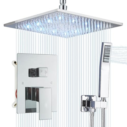 Ceiling Mount Shower Faucet Set 12 Inch LED Rainfall Shower Head Bathroom Rainfall Shower System with Handheld Spray Rough-in Valve Body and Trim Included, Chrome Finished - color: ‎Polished Chrome, style: 12"-led