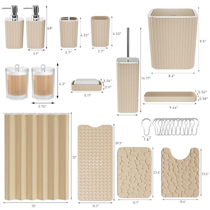 XLHOMO 26PC Bathroom Accessories Set - Gorgeous Bathroom Set, Beige Bathroom Accessory Set, Shower Curtain Set with Bathtub Mats for Shower Tub, Trash Can & Soap Dispenser - size: Bath Set+Bathtub Mat+Shower Curtain&Rugs, style: Beige&Silver