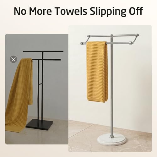 KES Anti Wobble Free Standing Towel Rack with 3X Thick Weighted Marble Base | 2-Tier Towel Rack Stand for Bathroom Floor, Rustproof 18/8 Stainless Steel, Antique Brushed Steel, Anti-Slip Pads Included - color: Brushed Steel