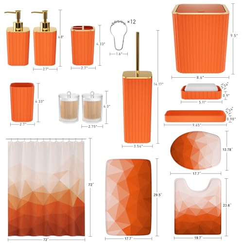 XLHOMO Bathroom Accessory Set - 26PC Bathroom Shower Curtain and Rug Set, Bathroom Accessories Set, Orange Bathroom Set with Trash Can, Toilet Brush, Qtip Holder & Soap Dispenser - style: Orange