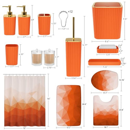 XLHOMO Bathroom Accessory Set - 26PC Bathroom Shower Curtain and Rug Set, Bathroom Accessories Set, Orange Bathroom Set with Trash Can, Toilet Brush, Qtip Holder & Soap Dispenser - style: Orange