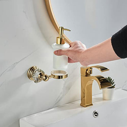 WOLIBEER Crystal Soap Dispenser Wall Mounted, Polished Gold Liquid Soap Holder Bathroom 8.5 OZ Glass Bottle with Pump Stainless Steel