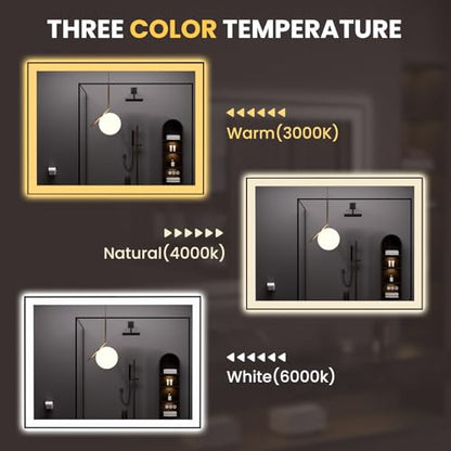 LOAAO 48"X36" LED Bathroom Mirror Black Framed | Anti-Fog, Dimmable, Memory Function, Tempered Glass, Lighted Vanity Mirror for Wall - size: 48"L x 36"W