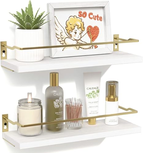 RICHER HOUSE Floating Shelves Bathroom, Small Wall Shelf Over Toilet 2 Set | Wall Mounted Shelves Decor for Bathroom, Kitchen, with Metal Guard-Rail, Paper Storage Shelf, Rustic, Wood, WGold - color: White & Gold