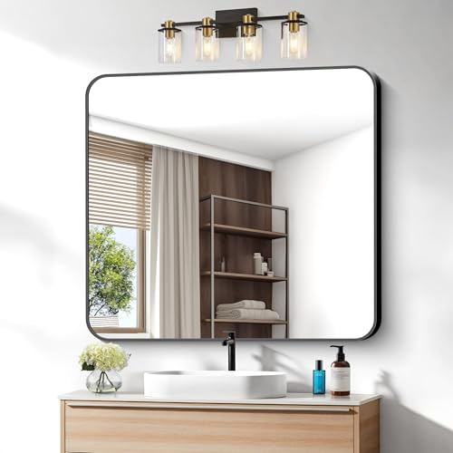 BONEWEI 36x40 inch Bathroom Mirror,Black Rectangle Mirror,Wall Mounted Bathroom Frame Vanity Mirror with Round Corner for Bedroom Living Room,Entryway Hangs Horizontal or Vertical - color: Black Rounded Rectangle, size: 40"L x 36"W