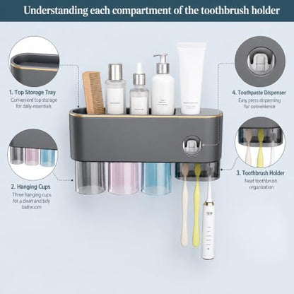 Bathroom Toothbrush Holder —Wall-Mounted Toothbrush Organizer (with Automatic Toothpaste Dispenser), Magnetic Rinse Cup Design, No-Drill Bathroom Vanity Storage Tray (Gunmetal Gray (3-Cup)) - color: Gunmetal Gray (3-cup)