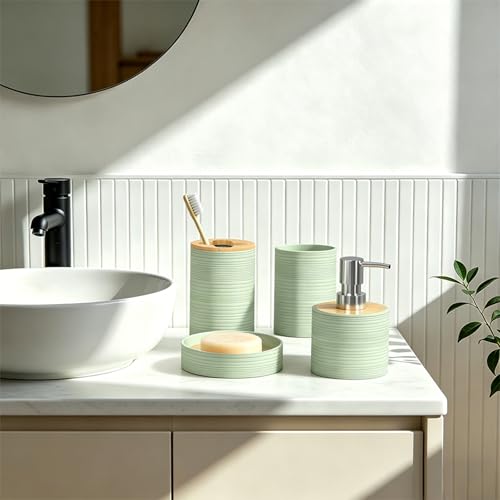 Bathroom Accessory Set, 6-Pcs Green | Trash Can, Soap Dispenser, Toothbrush Holder & Cup, Soap Dish, Toilet Brush - color: Green