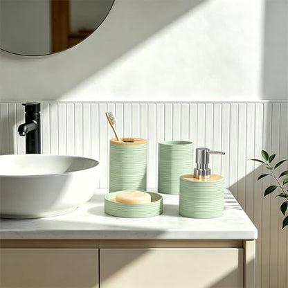 Bathroom Accessory Set, 6-Pcs Green | Trash Can, Soap Dispenser, Toothbrush Holder & Cup, Soap Dish, Toilet Brush - color: Green