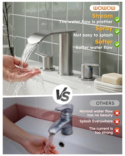 WOWOW Waterfall Bathroom Faucet 3 Holes 8Inch Widespread Bathroom Sink Faucet, Two Handles Brushed Nickel Bathroom Faucet with Pop-up Drain & Supply Hoses, Modern Faucet Mixer Taps Brushed Nickel - color: Brushed Nickel