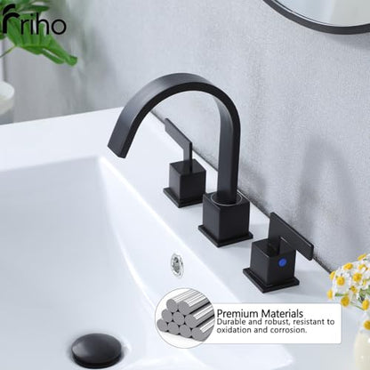 Friho Matte Black Waterfall Bathroom Faucet, 8 Inch Widespread 3 Hole Sink Faucet with 2 Handles, Pop-up Drain & Supply Lines, Stainless Steel Vanity Faucet for Bathroom - style: Thin Square