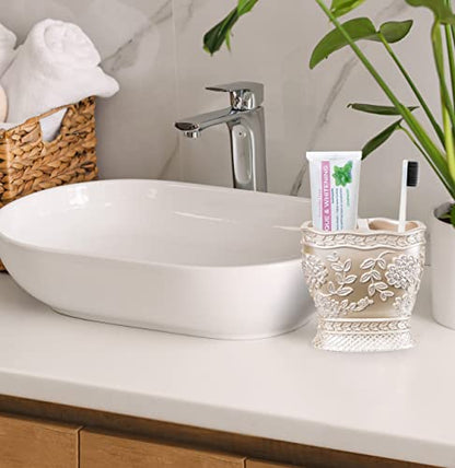 Zahari Home 4pc Rose Vine Bathroom Accessories Sets Lotion Pump, Tumbler, Tooth Brush Holder and Soap Dish Unique Design Beige Bathroom Set - color: Rose Vine, style: 4 Piece Set