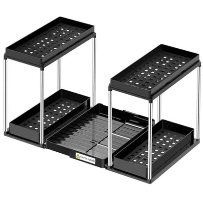 NIUXX Expandable Under Sink Organizer: 2 Tier Under Cabinet Organizer - Double Pull Out Shelf Under Sink Storage for Kitchen - Bathroom and Laundry Room - Space Saving - size: 27.9"L x 15.51"W-Fixed height