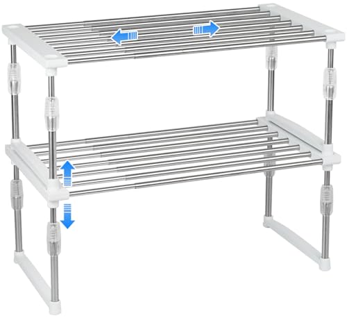 carrotez 2Pack Expandable Cabinet Organizer 11.8~19.6 x 7.8 x 6~9 - Black | Width & Height-adjustable Kitchen Cabinet Organizer Shelf, Stackable Kitchen Counter Shelf - color: White, size: 2 Pack
