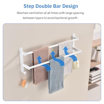 White Double Towel Rack with Hooks, 24 Inch Stainless Steel Towel Rails, Wall Mounted Bathroom Towel Holder - color: White, size: 24-Inch