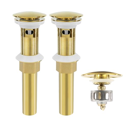 Bathroom Sink Drain, 2 Pack Gold Drain Stopper with Overflow,Pop Up Drain Assembly with Detachable Strainer Basket,Built-in Anti-Clogging Strainer,Stainless Steel - color: 2 Pack-gold-big Cap, style: With Overflow