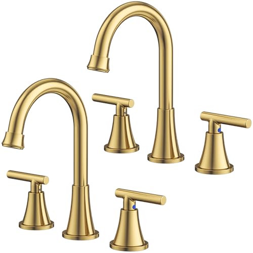 Bathroom Faucet 3 Hole, Brushed Gold Faucets with Drain and Supply Lines | Hurran Stainless Steel Lead-Free Widespread Bathroom Sink Faucet for Vanity RV Restroom Laundry Outdoor Camper, 2 Pack - color: Brushed Gold, size: 8 inch, 2 Pack