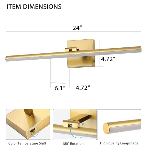 LED Bathroom Vanity Light, Modern Bathroom Light Fixture Over Mirror (3000K/4000K/6000K, Dimmable), Vanity Light Bar with Angle Adjustable, 24 Inch, Brass - color: Brass, size: 24 inch