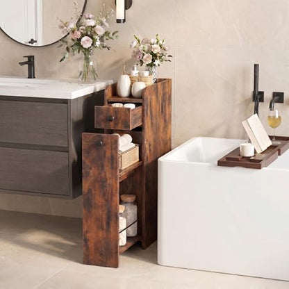 COSTWAY Slim Bathroom Cabinet, Freestanding Narrow Organizer, Rustic Brown | 7" Wide Space-Saving Storage with 2-Tier Slide-Out Drawer, Shelf & Toilet Paper Holder, for Bathroom, Laundry & Small Spaces - color: Rustic Brown