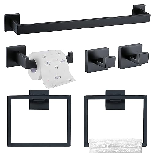 TQKAG 6-Piece Towel Bar Set, 23.6 Inch Bathroom Hardware Set, Matte Black | Stainless Steel, Wall Mounted, Black Bathroom Accessories Include Toilet Paper Holder Wall, Towel Bar, Towel Ring, Coat Hook - color: Matte Black, size: 6-Pieces Set-A
